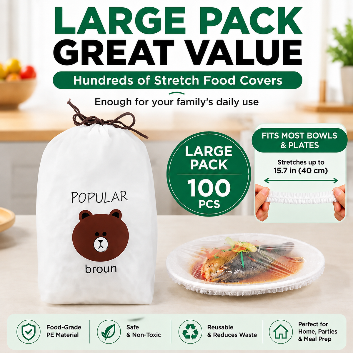100-Pack Stretch Elastic Food Covers for Bowls, Plates & Kitchen Storage