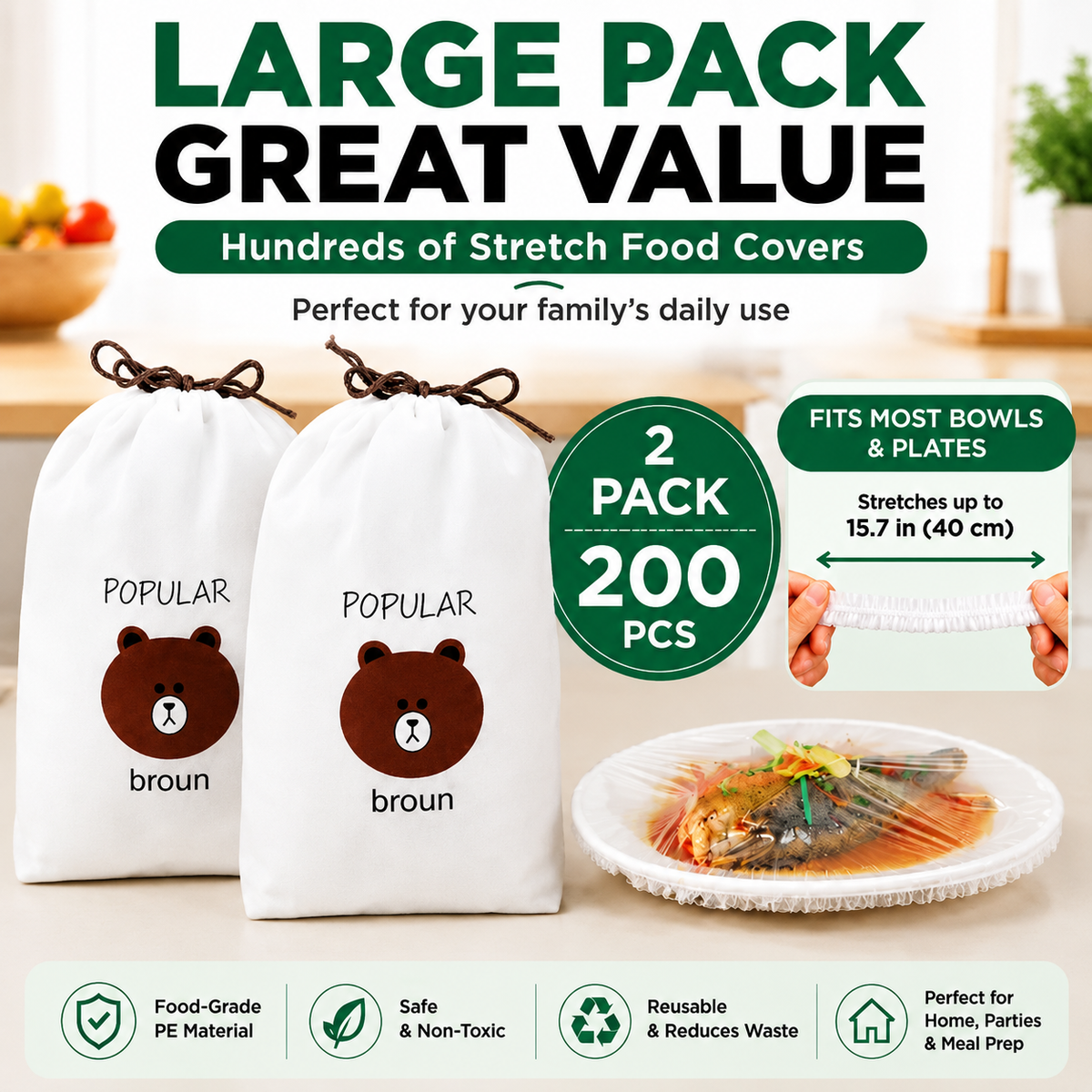100-Pack Stretch Elastic Food Covers for Bowls, Plates & Kitchen Storage